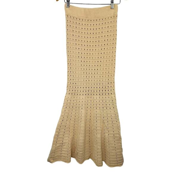 MABLE Pointelle Knit Maxi Skirt Tan Mermaid Hem Perforated Small - Picture 2 of 6